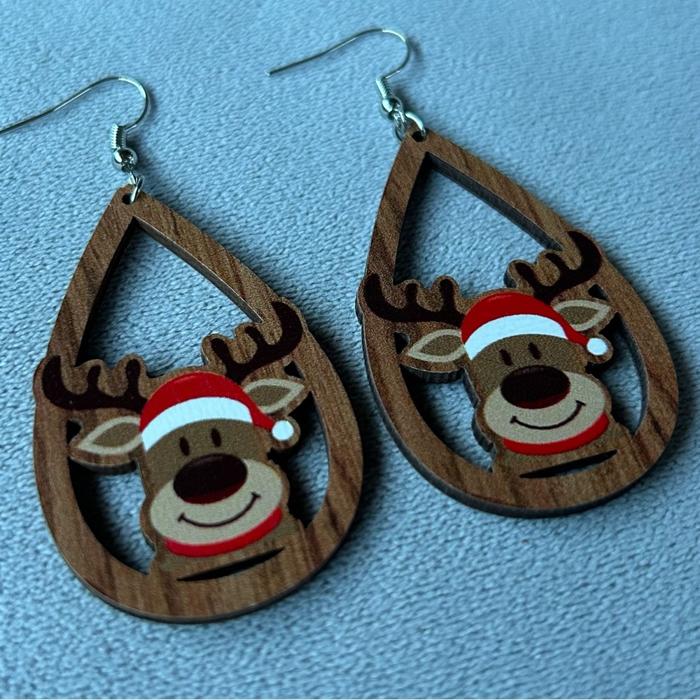 Reindeer Earrings ~ Wood Tear Drop ~ Brand New!